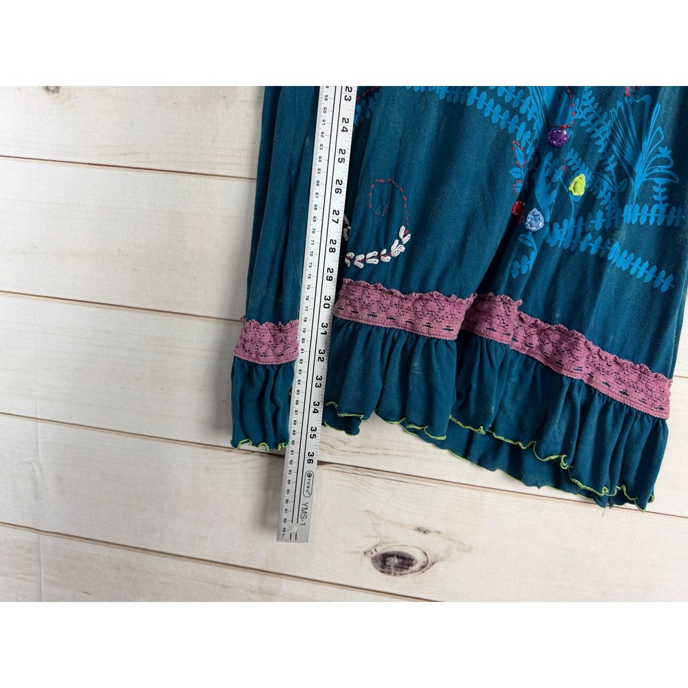 Rising International Dress Large Teal Floral Embroidered Bell Sleeve Tunic Boho - Picture 7 of 7